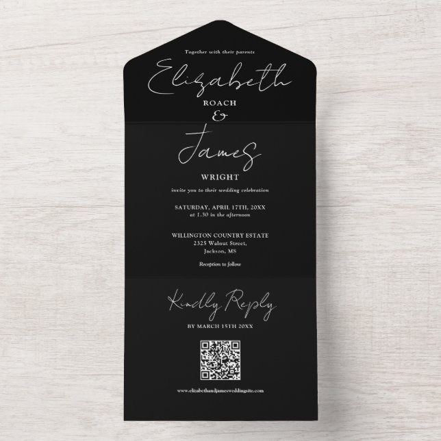 Invitación Todo En Uno Elegante Guión Código QR Boda Blanco Y Negro (Interior)