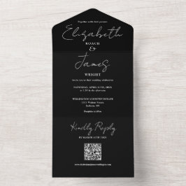 Invitación Todo En Uno Elegante Guión Código QR Boda Blanco Y Negro