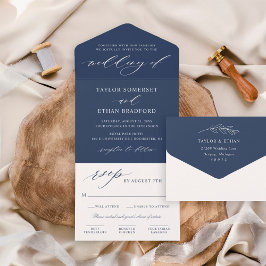 Invitación Todo En Uno Elegante guión de caligrafía azul marino para boda
