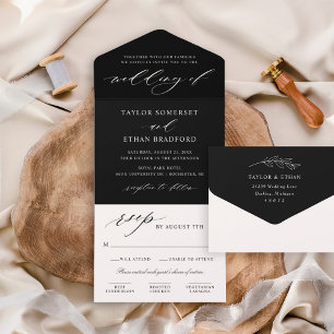 Invitación Todo En Uno Elegante guión de caligrafía negra para boda