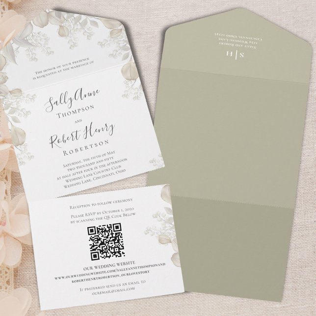 Invitación Todo En Uno Elegante guión de caligrafía para la vegetación de (Elegant wedding all in one invitation with botanical greenery. )