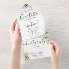 Invitación Todo En Uno Elegante guión de firma verde deja Boda