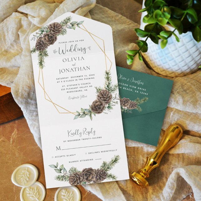 Invitación Todo En Uno Elegante guión de invierno verde Pine Cone Boda (Subido por el creador)