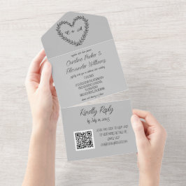 Invitación Todo En Uno Elegante Guión Gris Único Código RSVP QR moderno