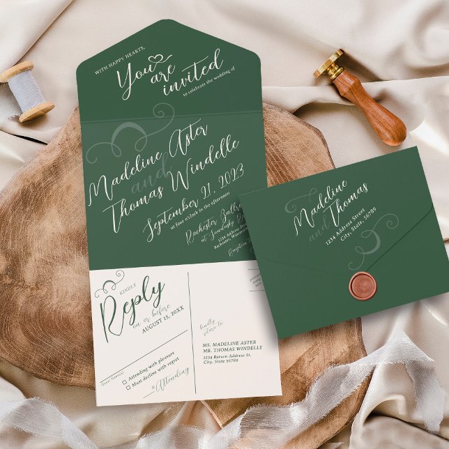 Invitación Todo En Uno Elegante guión inclinado oscuro Moss Boda verde (Elegant classic slant script all in one dark moss emerald green wedding invitation, rsvp postcard)