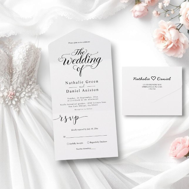 Invitación Todo En Uno Elegante guión negro y blanco simple Boda (Subido por el creador)