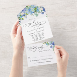 Invitación Todo En Uno Elegante Hortensia Azul Acuarela Verde Bodas