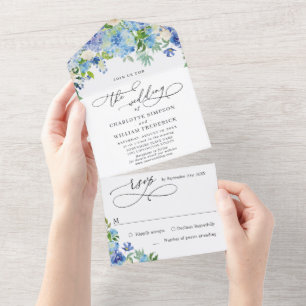 Invitación Todo En Uno Elegante Hydrangea Azul Acuarela Verde Boda