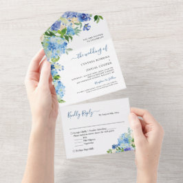 Invitación Todo En Uno Elegante Hydrangea Azul Pastel Boda Floral