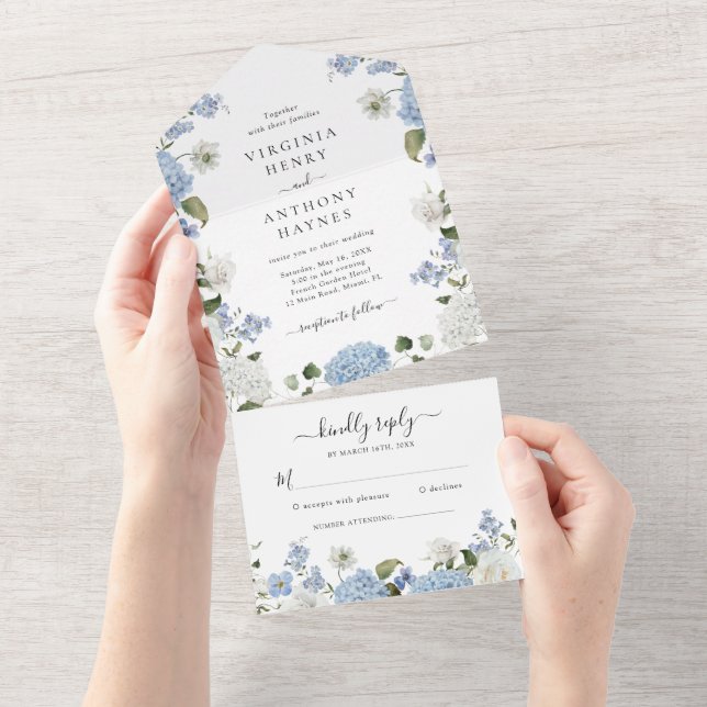 Invitación Todo En Uno Elegante Hydrangea Azul Roses Blancas Boda Floral (desgarro)
