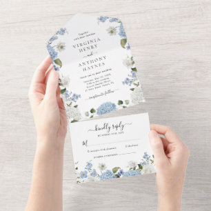 Invitación Todo En Uno Elegante Hydrangea Azul Roses Blancas Boda Floral