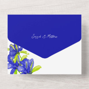 Invitación Todo En Uno Elegante Índigo Iris Flores pintadas a mano