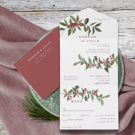 Invitación Todo En Uno Elegante invierno Berries color de agua verde rojo