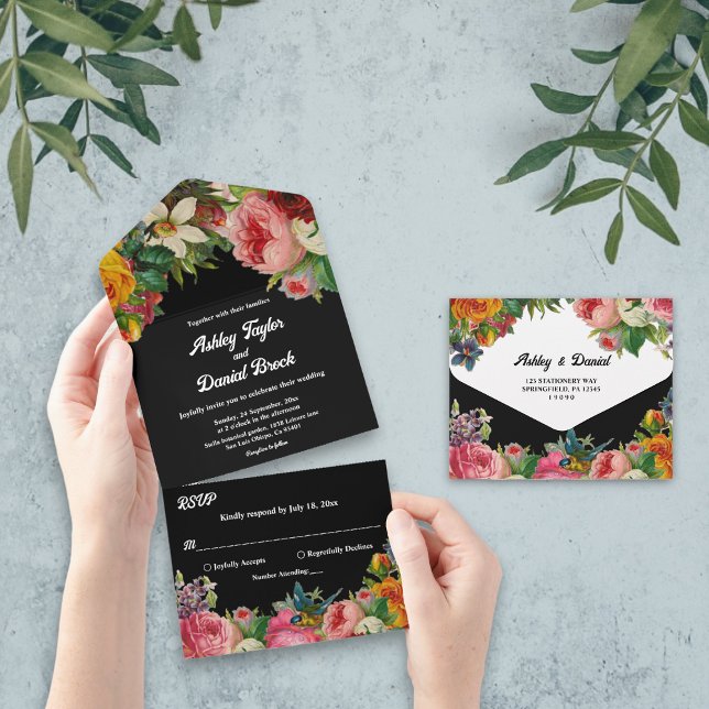 Invitación Todo En Uno Elegante Jardín Botánico Boho Boda Floral Negro (Subido por el creador)