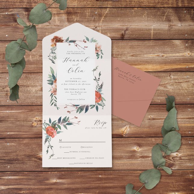 Invitación Todo En Uno Elegante Jardín Botánico Marsala Peach (Subido por el creador)