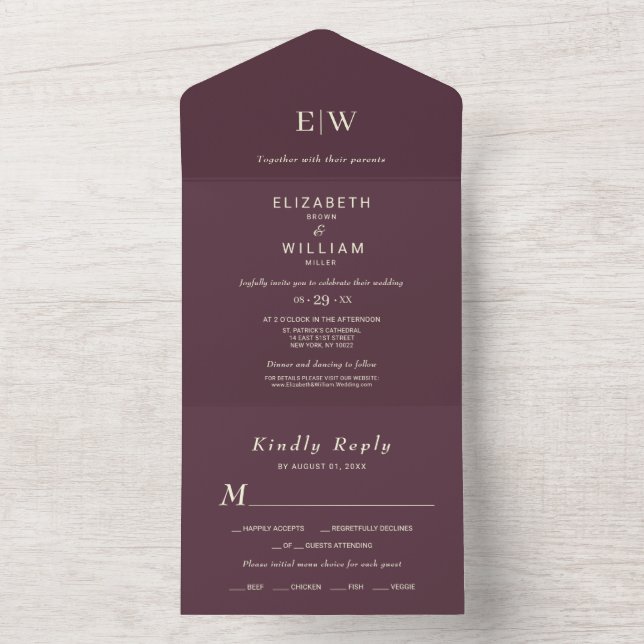 Invitación Todo En Uno Elegante Laca Sencilla de Cerezo, Boda de Monogram (Interior)