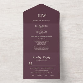 Invitación Todo En Uno Elegante Laca Sencilla de Cerezo, Boda de Monogram