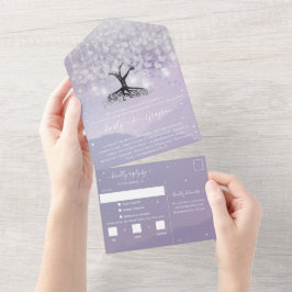 Invitación Todo En Uno Elegante Lavanda Boda de árbol de hojas de corazón