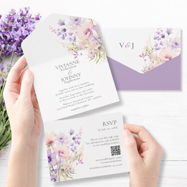 Invitación Todo En Uno Elegante Lavanda Floral Flores Silvestres QR RSVP (Elegant Lavender Floral Wildflowers QR RSVP All In One Invitation)