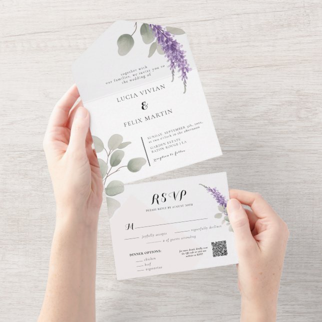Invitación Todo En Uno Elegante Lavanda Greeny Eucalyptus deja Boda (desgarro)