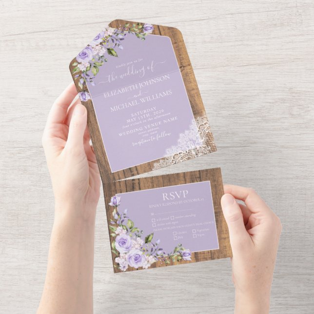 Invitación Todo En Uno Elegante Lavanda Lilac Rústica Lace Boda Al (desgarro)