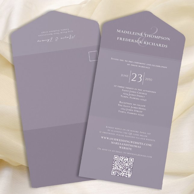 Invitación Todo En Uno Elegante Lilac Lavender Moderno RSVP (Elegant lilac and lavender solid colored all in one wedding invitation. )