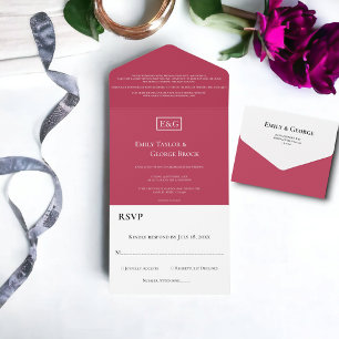 Invitación Todo En Uno Elegante Magenta Mínimo Monograma Boda moderno