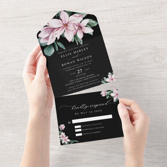 Invitación Todo En Uno Elegante Magnolia Florals Boda de escritura modern (desgarro)