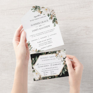 Invitación Todo En Uno Elegante Magnolias Boda de la vegetación floral de