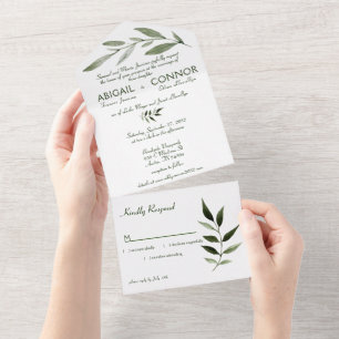 Invitación Todo En Uno Elegante Marco de Hojas Mínimas Verde Olivo Cazado