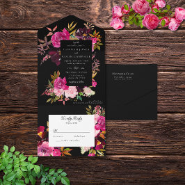 Invitación Todo En Uno Elegante Marco Floral Negro Borgoña Rosa Todo Ence