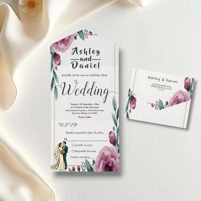 Invitación Todo En Uno Elegante Marco Floral Novia Y Boda Groom Boho (Subido por el creador)