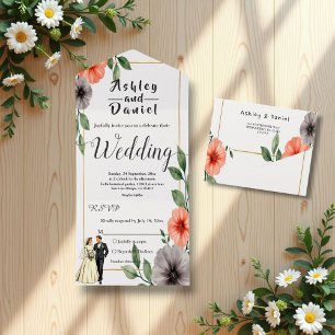 Invitación Todo En Uno Elegante Marco Floral Novia Y Novio Chic Boda