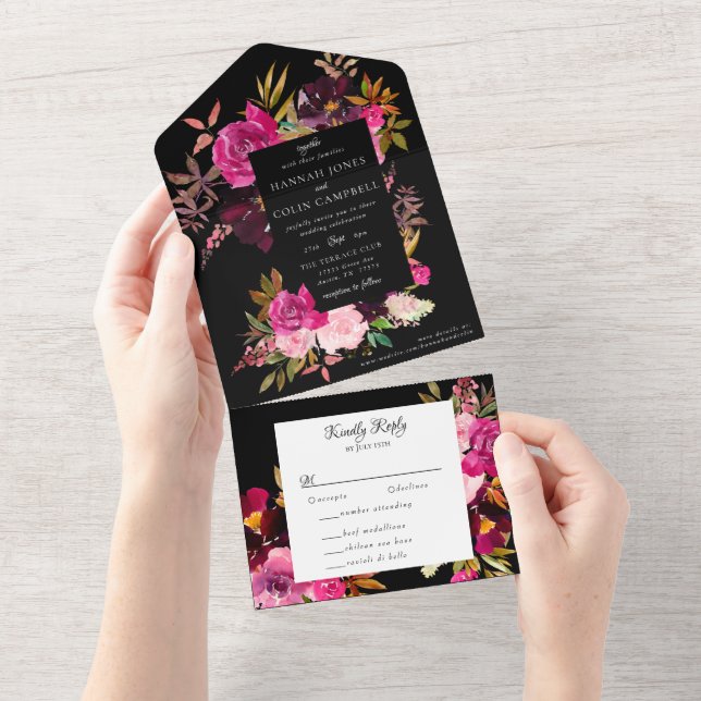 Invitación Todo En Uno Elegante marco floral rosa borgoñona negra (desgarro)