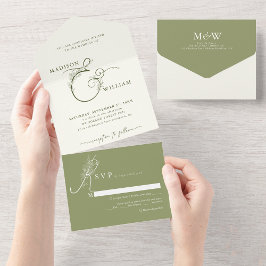 Invitación Todo En Uno Elegante marfil moss verde floral Ampersand Boda