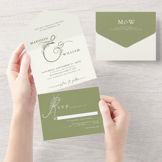 Invitación Todo En Uno Elegante marfil moss verde floral Ampersand Boda (Subido por el creador)