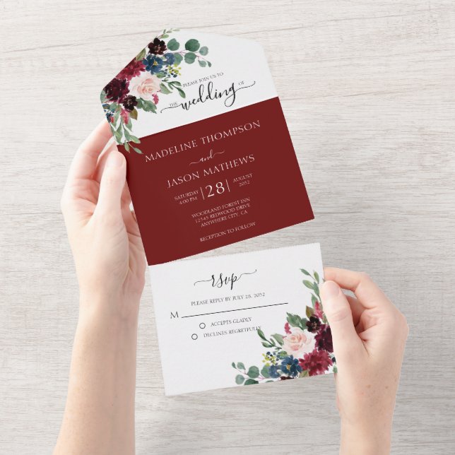 Invitación Todo En Uno Elegante Marina Floral Azul Borgoña Boda Rojo Todo (desgarro)