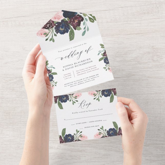 Invitación Todo En Uno Elegante Marina Floral Azul y Ciruela | BODA (desgarro)