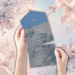 Invitación Todo En Uno elegante mármol costero azul marino