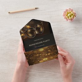 Invitación Todo En Uno Elegante Mascarada de Negro y Oro con RSVP