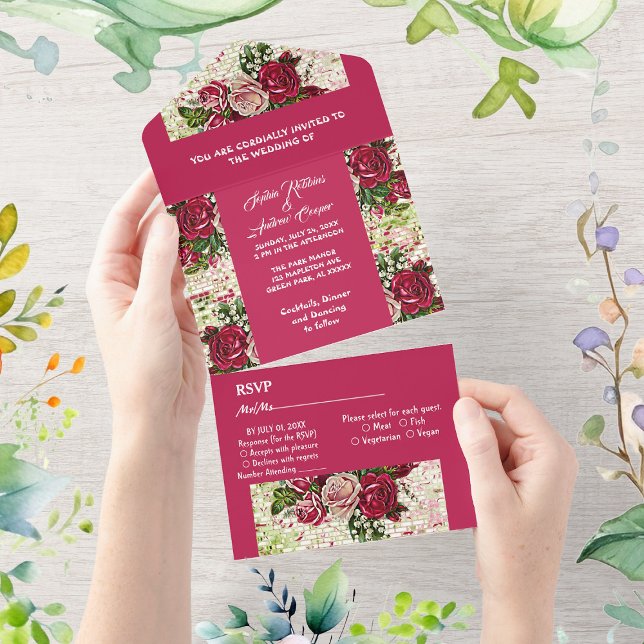Invitación Todo En Uno Elegante matrimonio campestre de Rosas rojos de Bo (Elegant Burgundy Red Rustic Roses Country Wedding All In One Invitation)