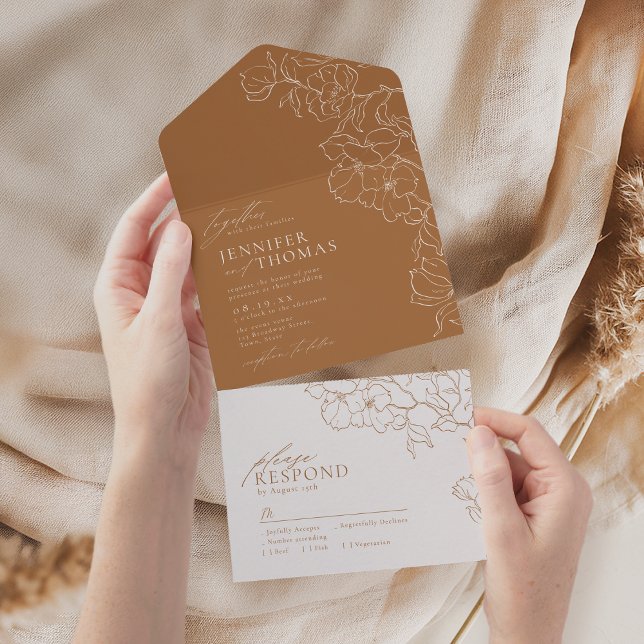 Invitación Todo En Uno Elegante matrimonio floral de otoño dorado (Elegant hand drawn floral golden fall wedding all in one invitation)