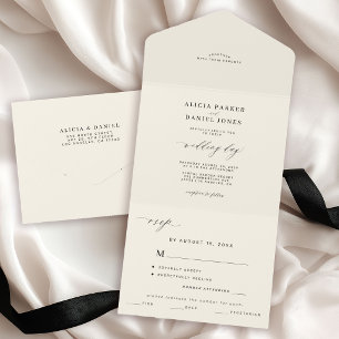 Invitación Todo En Uno Elegante minimalista boda simple negra y marfil