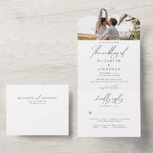 Invitación Todo En Uno Elegante Minimalista Guión Blanco Foto Boda Rsvp