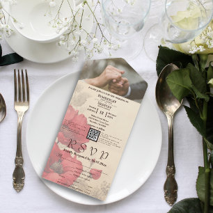 Invitación Todo En Uno Elegante minimalista Rojo Floral Poppy QR Código F