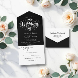 Invitación Todo En Uno Elegante Moda Boda de caligrafía blanca y negra