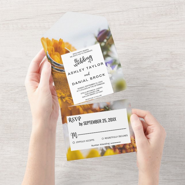 Invitación Todo En Uno Elegante moda Boda floral de girasol botánico Al (desgarro)