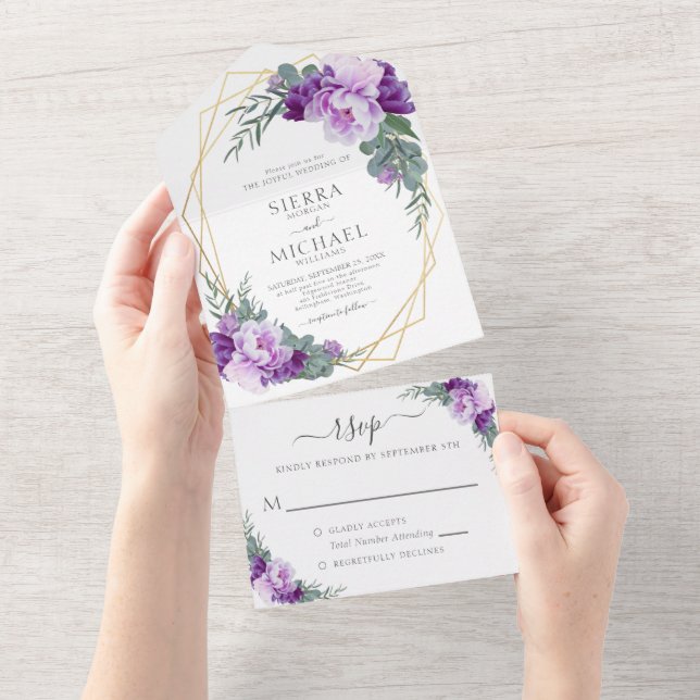 Invitación Todo En Uno Elegante Moda Boda morado y dorado floral (desgarro)