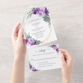 Invitación Todo En Uno Elegante Moda Boda morado y dorado floral