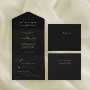 Invitación Todo En Uno Elegante moda caligrafía de oro boda negro